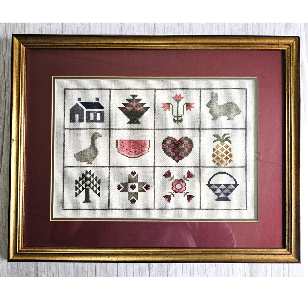 Vtg Framed Needlepoint Cross Stitch Country Farm Scenes Folk Art | Goose | Barn
